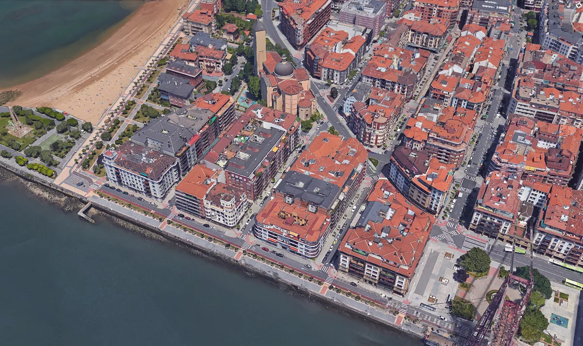Vista aérea de la playa y el casco urbano de Getxo